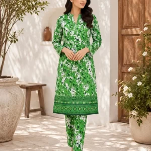2 Pcs Women's Unstitched Printed Polo Cotton Suit - Green