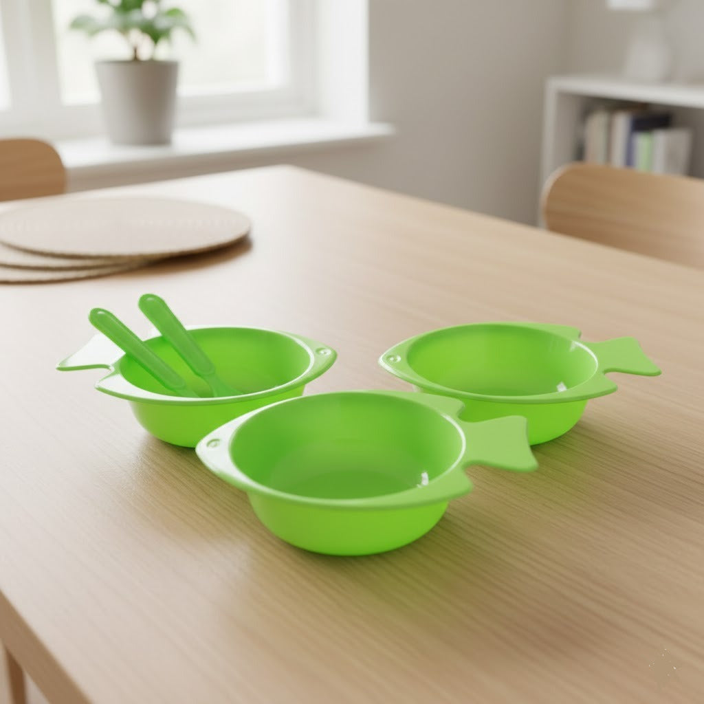 3PCS Fish Shape Plastic Bowl Set with Spoon & Fork - Image 3