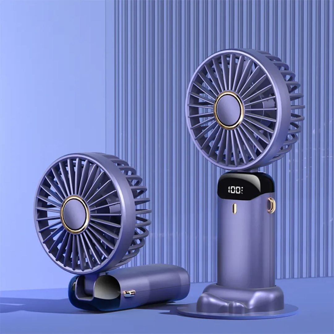 Handheld Mini Fan Foldable Portable Neck Hanging Fan with 5-Speed, USB Rechargeable, Desk Phone Stand, and LED Display - Image 3