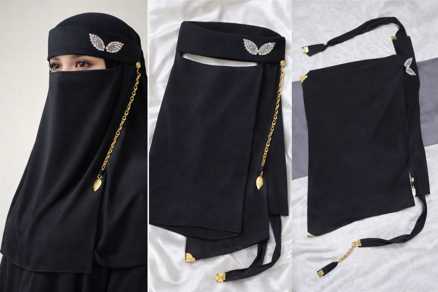 Black Niqab with Rhinestone Butterfly – Fancy Clipped Hijab - Image 4