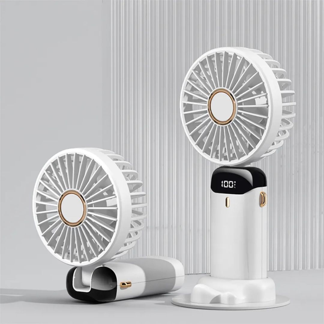 Handheld Mini Fan Foldable Portable Neck Hanging Fan with 5-Speed, USB Rechargeable, Desk Phone Stand, and LED Display - Image 6