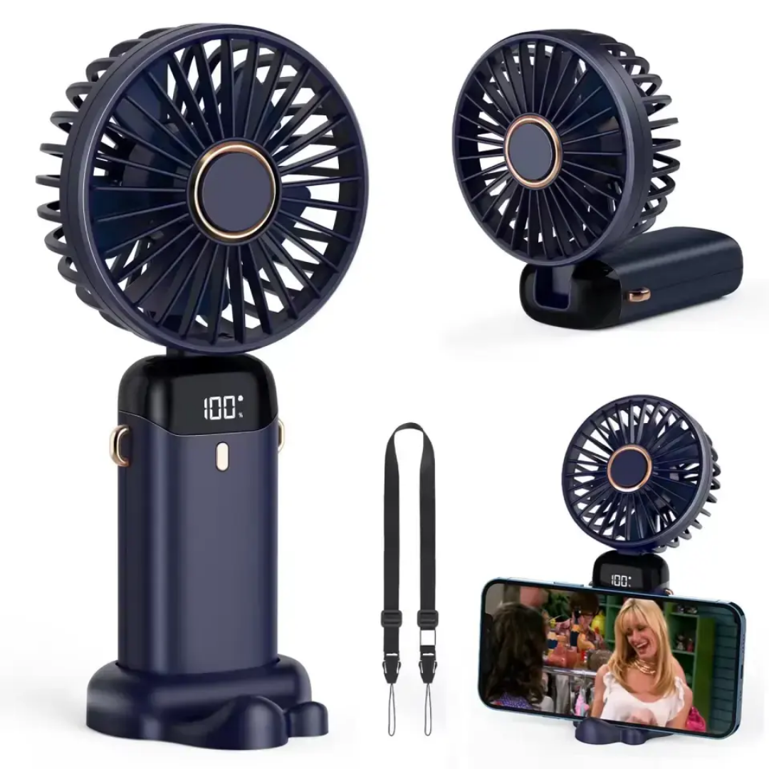 Handheld Mini Fan Foldable Portable Neck Hanging Fan with 5-Speed, USB Rechargeable, Desk Phone Stand, and LED Display