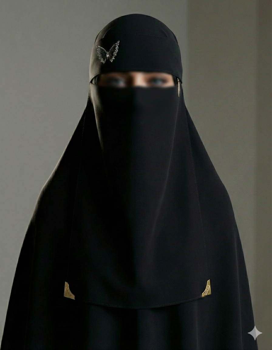 Black Niqab with Rhinestone Butterfly – Fancy Clipped Hijab - Image 2