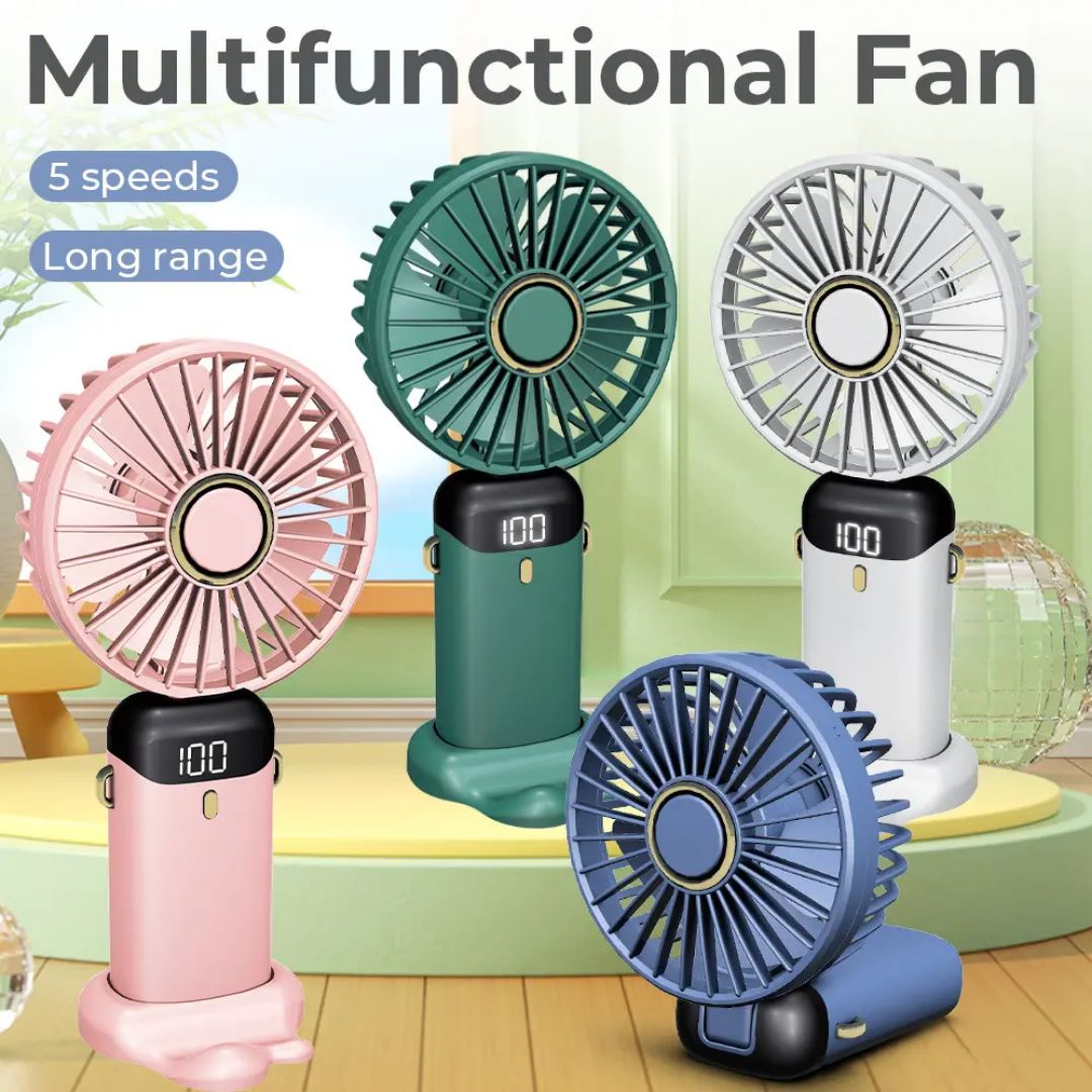 Handheld Mini Fan Foldable Portable Neck Hanging Fan with 5-Speed, USB Rechargeable, Desk Phone Stand, and LED Display - Image 7