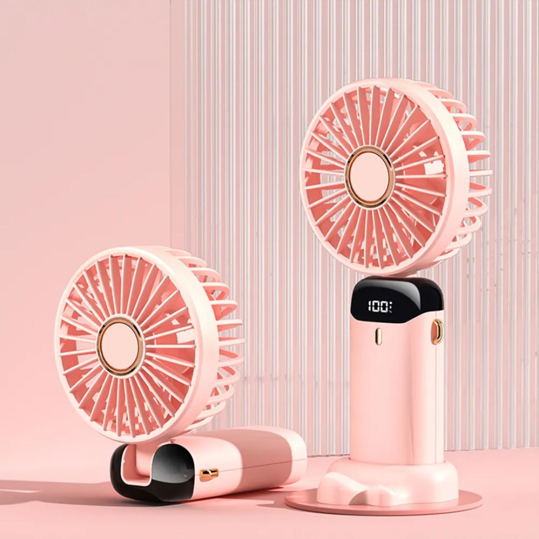 Handheld Mini Fan Foldable Portable Neck Hanging Fan with 5-Speed, USB Rechargeable, Desk Phone Stand, and LED Display - Image 2