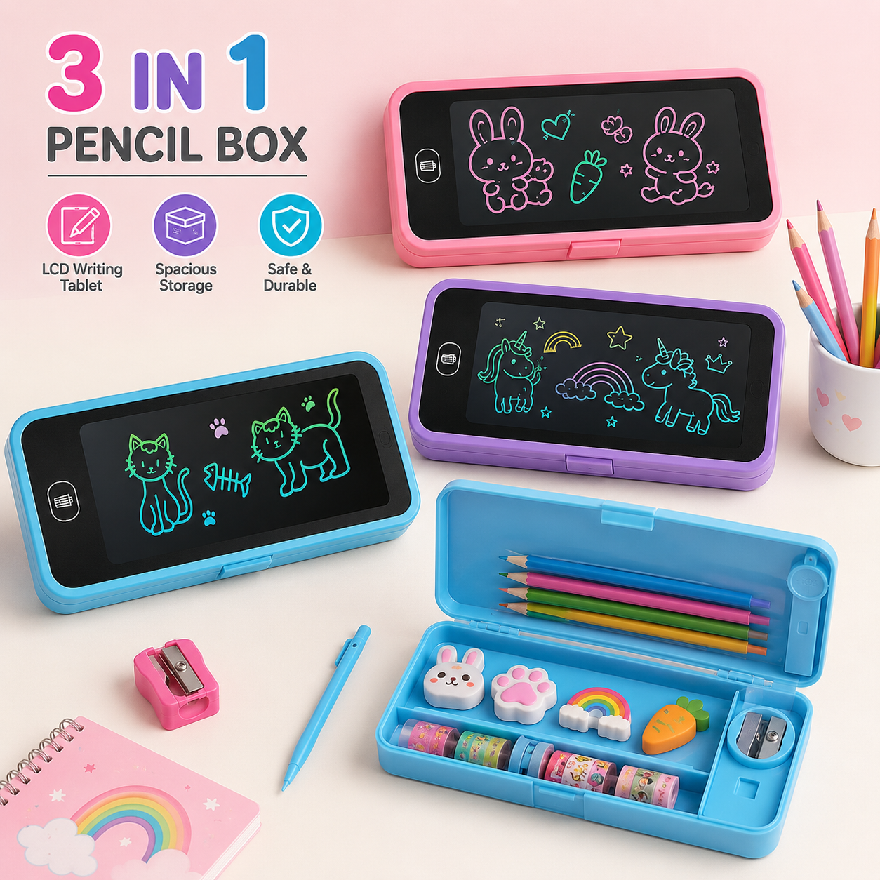 LCD Writing Tablet Pencil Box For Kids | Erasable Writing Board & Stationery Organizer - Image 2