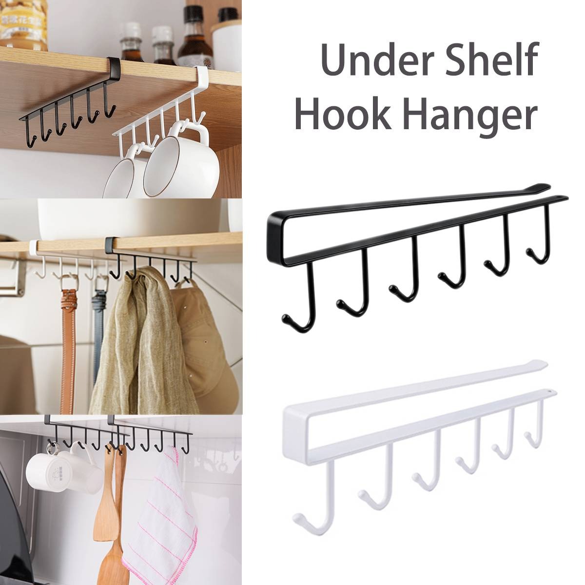 6 Hooks Metal Hanger for Kitchen, Mug Cup Storage Rack & Organizer