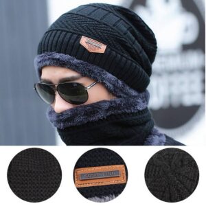 Winter Cap and neck Elastic Knitting Thick Fleece Warm Woolen Beanie Cap Sport Hat & Neck Scarf Set 2 Piece (Random Colors)