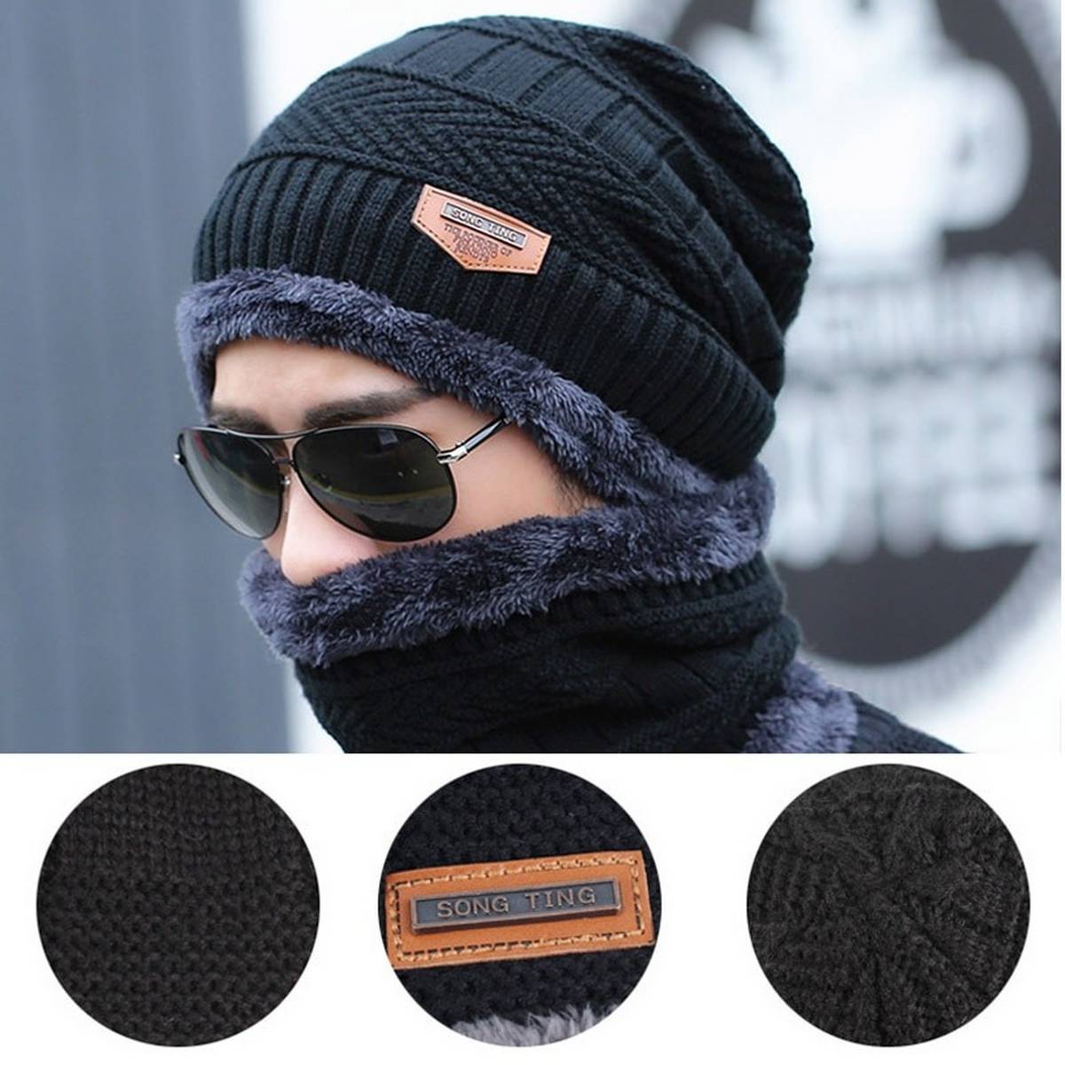 Winter Cap and neck Elastic Knitting Thick Fleece Warm Woolen Beanie Cap Sport Hat & Neck Scarf Set 2 Piece (Random Colors)