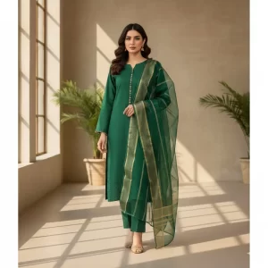 3 Pcs Women's Unstitched Plain Katan Silk Suit with Organza Dupatta (Green)