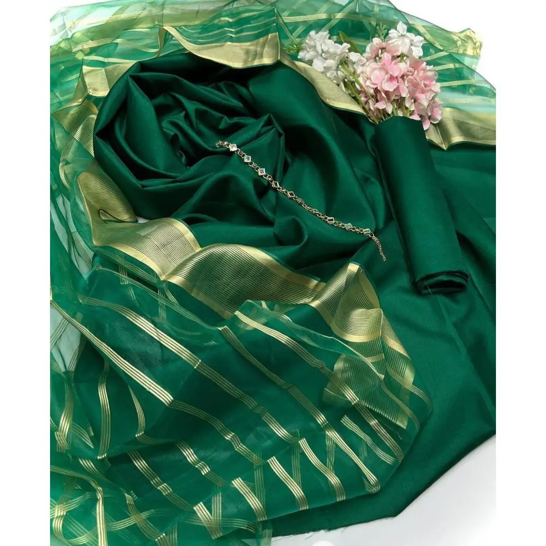 3 Pcs Women's Unstitched Plain Katan Silk Suit with Organza Dupatta (Green) - Image 2