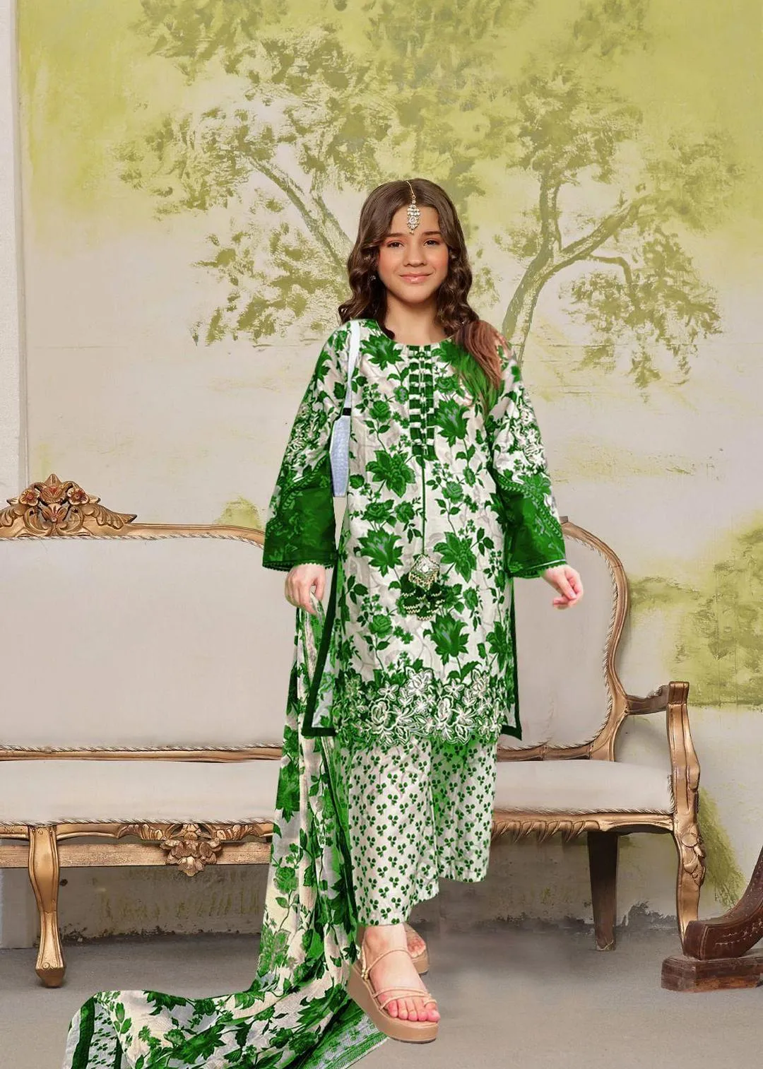 Green Floral Arabic Lawn 3-Piece Girl Suit - Image 3