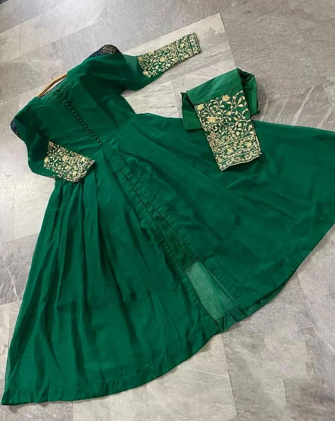 Green Embroidered Chiffon Maxi & Trouser Set