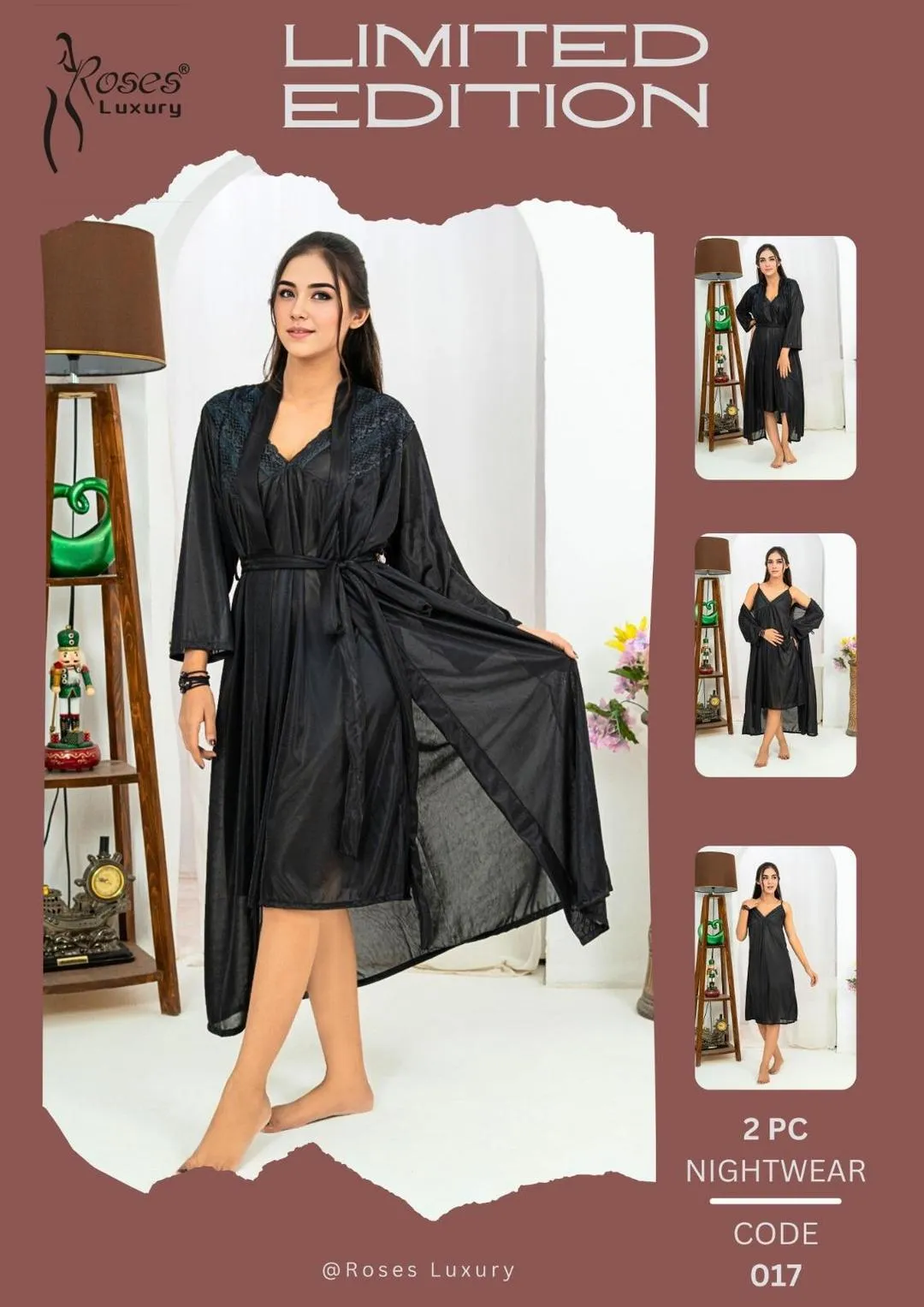 Black Silk 2-Piece Night Suit with Lace Work