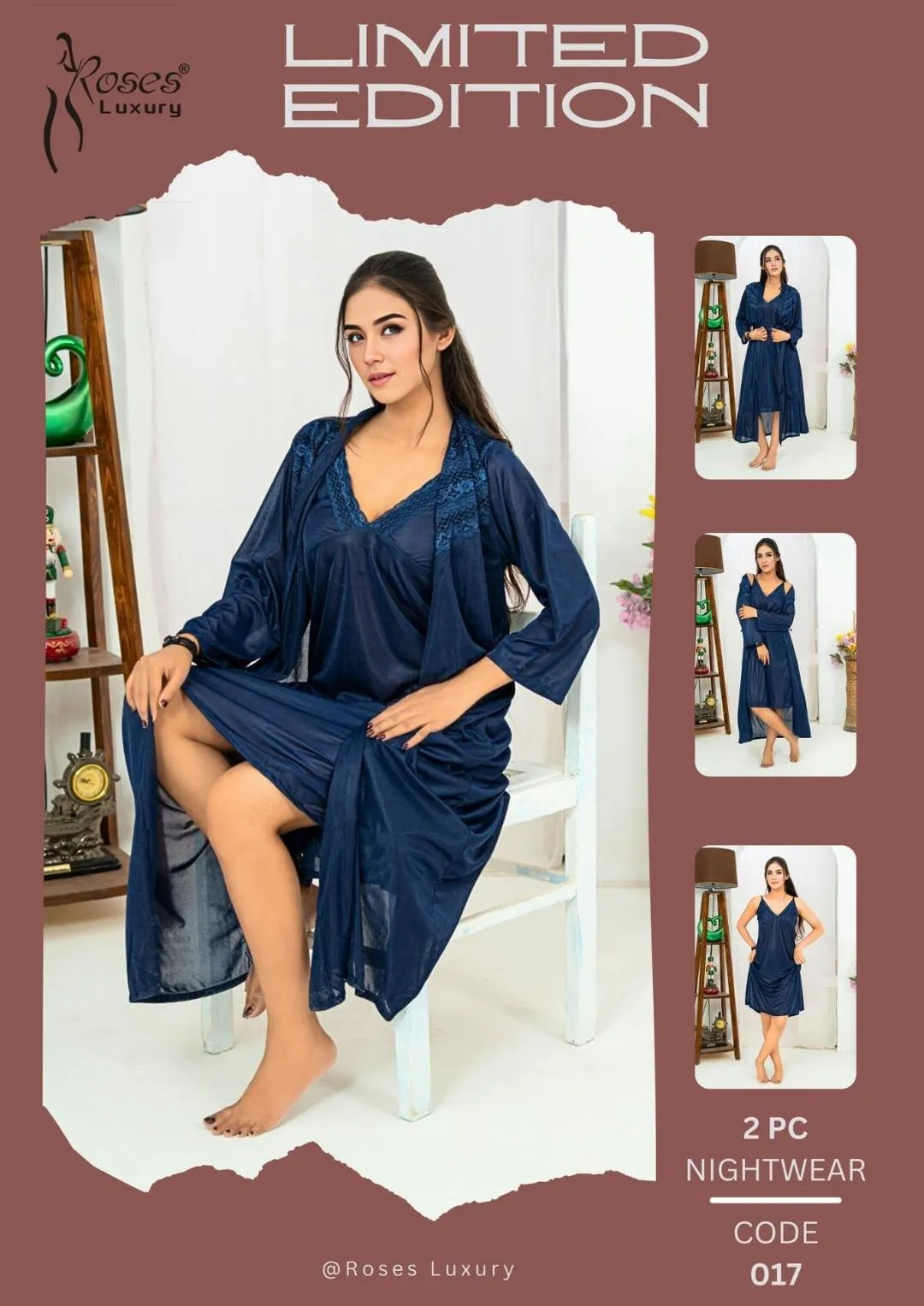 2 Pcs Women Silk Night Suit Blue V Neck
