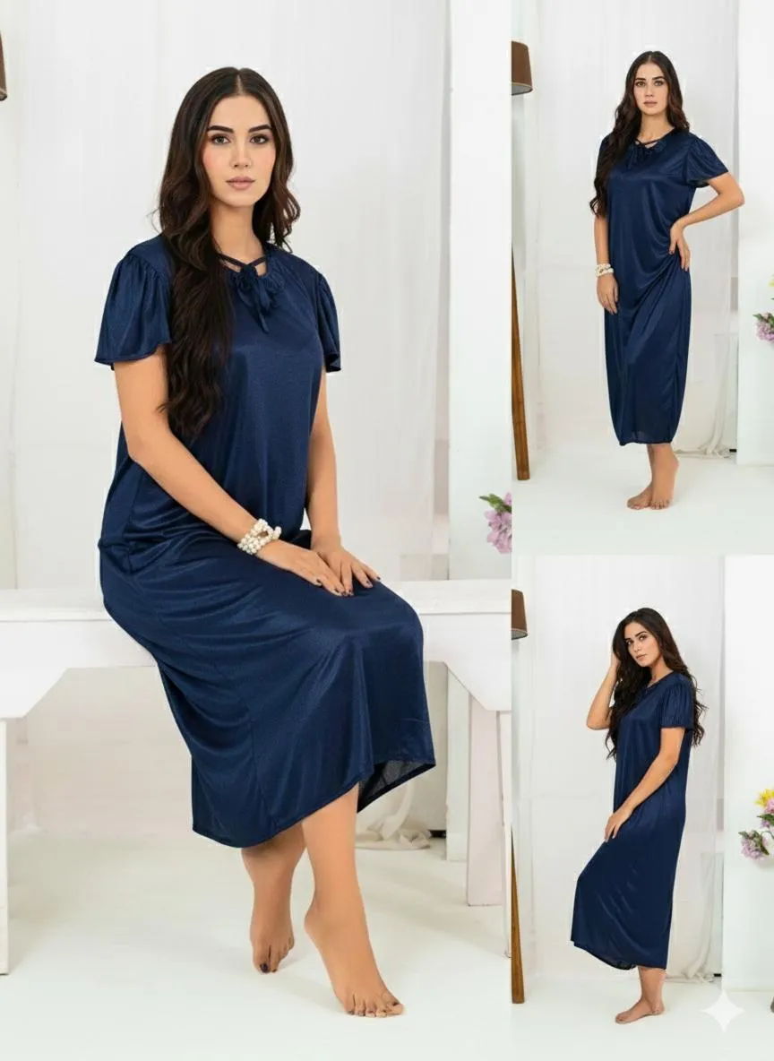 Blue Silk Night Suit for Women V-Neck Free Size