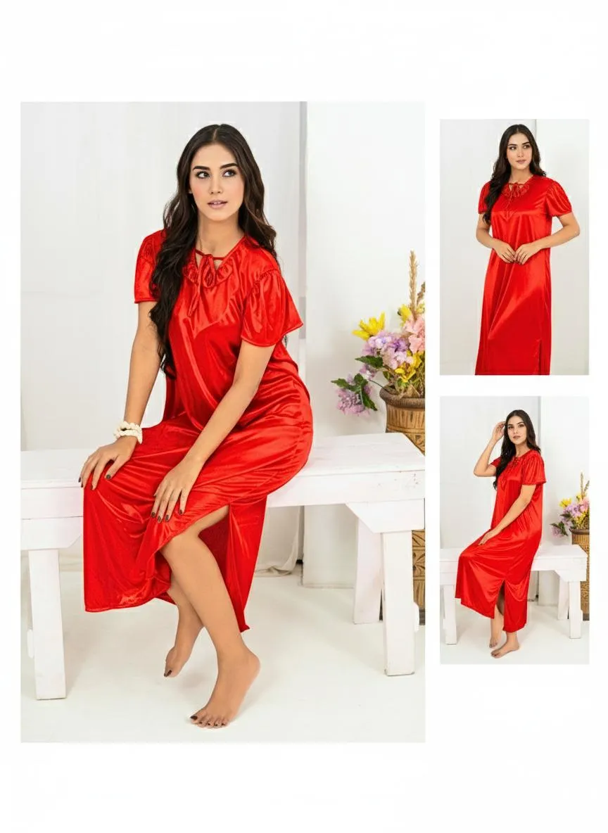 Women's Red Silk Night Suit V-Neck Free Size