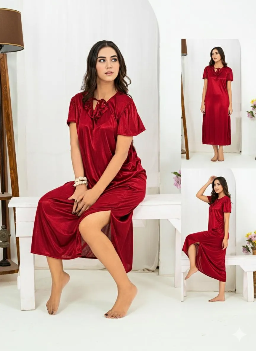 Maroon Silk Night Suit for Women with V-Neck