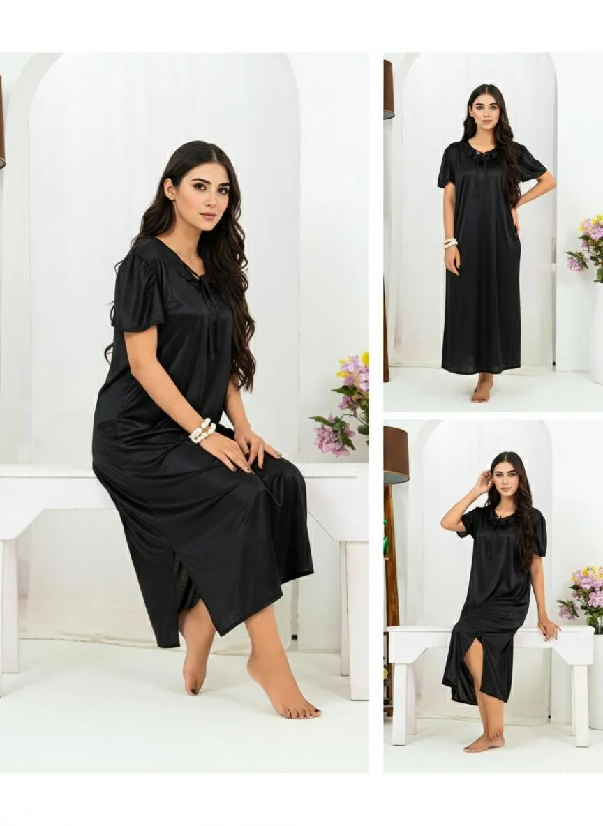Women's Stitched Silk Plain Black Night Suit