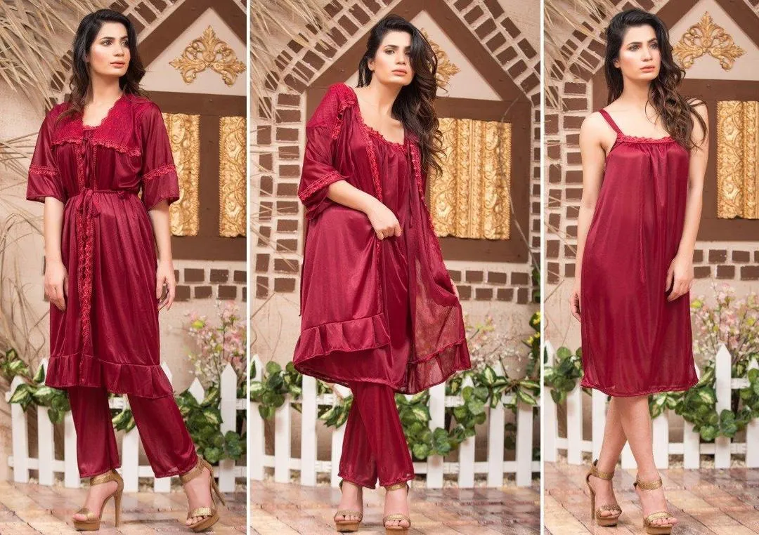 Maroon Silk Lace Night Suit 3 Pcs Set