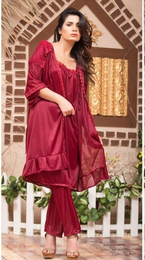 Maroon Silk Lace Night Suit 3 Pcs Set - Image 3