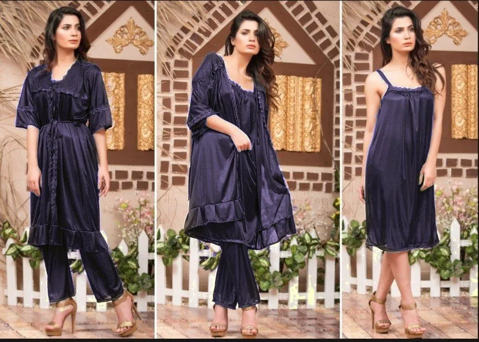 Silk 3-Piece Night Suit Blue with Lace Work
