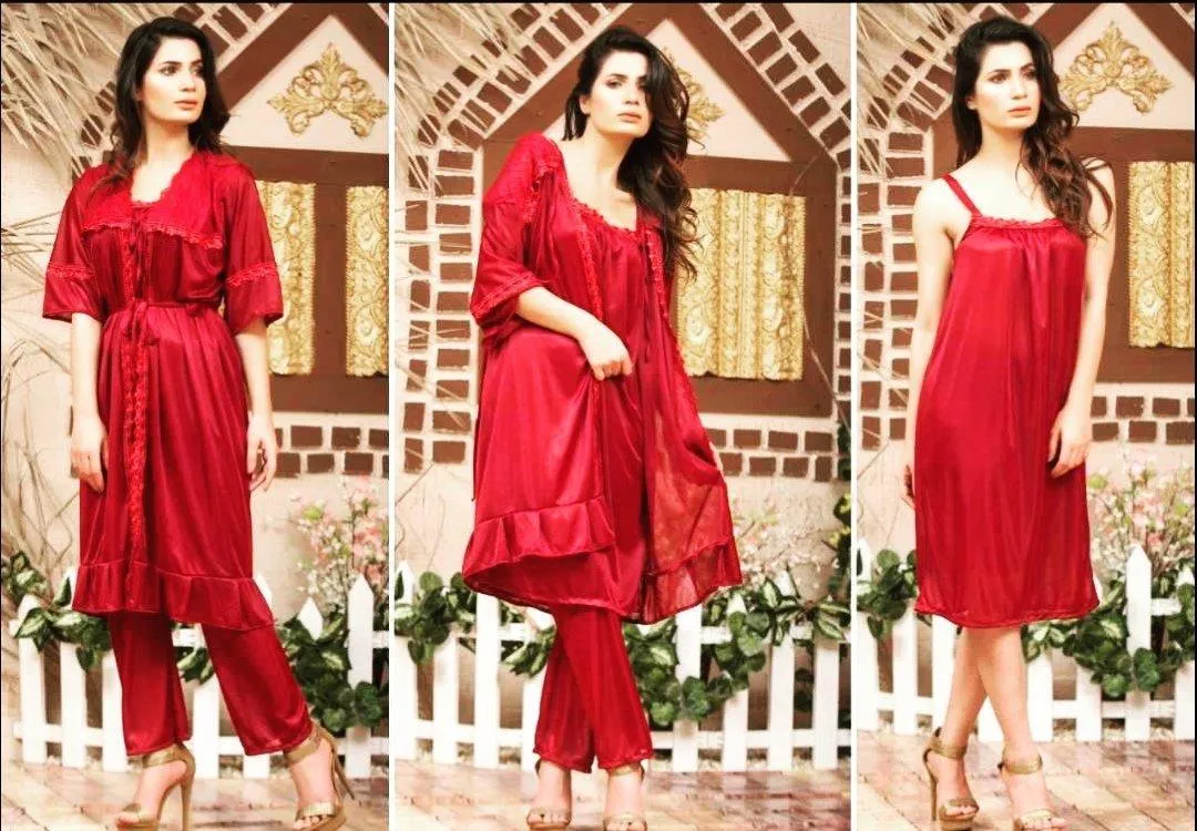Red Silk Lace Night Suit Set 3 Pcs Free Size