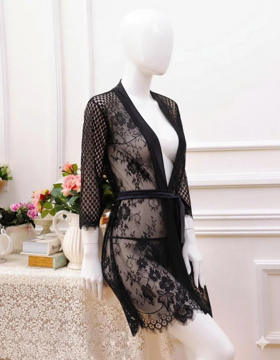 Black Lace V-Neck Night Suit for Women Free Size