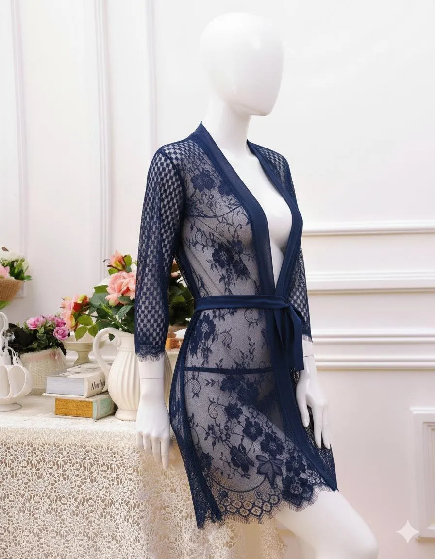 Lace Net Nightgown Blue V-Neck Short Sleeve