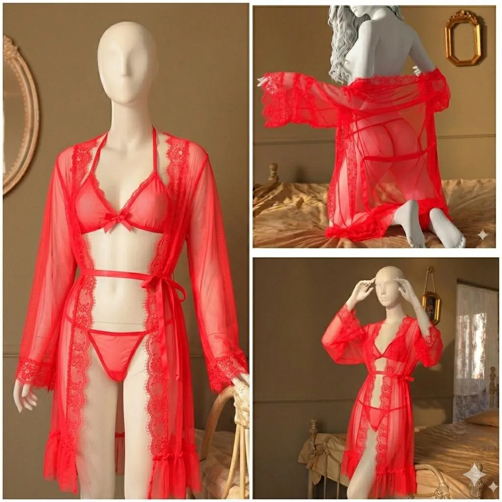 Red Lace Nightgown Set for Women Free Size