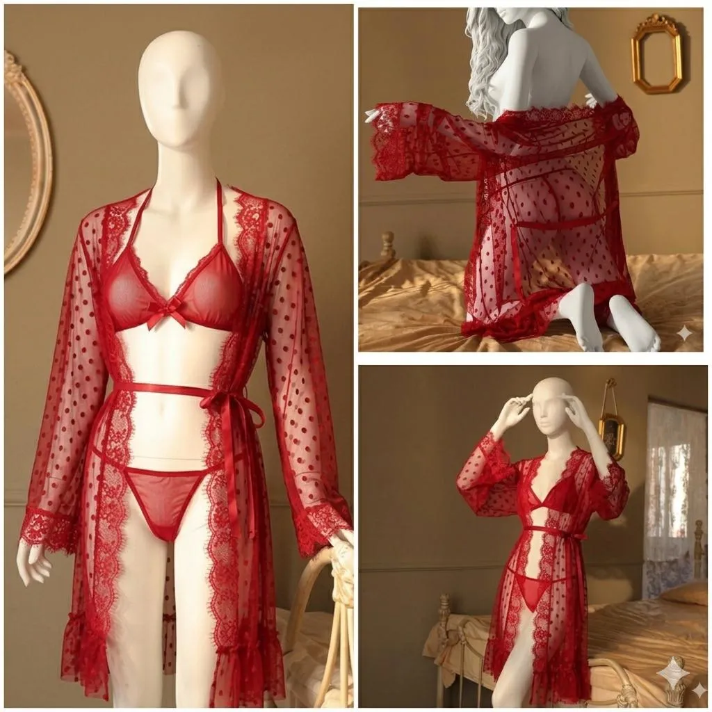 Red Lace Bralette and Nightgown Set for Women