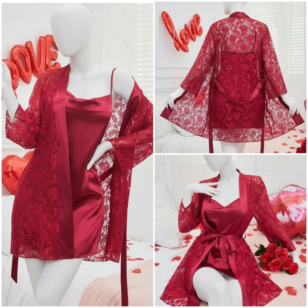 Maroon Lace Nightgown Set for Women Silk 2 Pcs