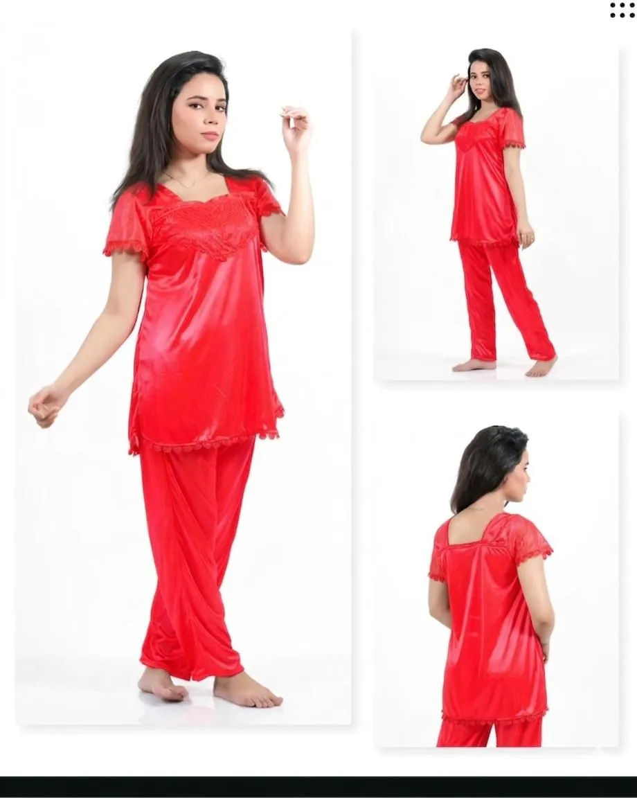 Red Silk V-Neck 2-Piece Sleep Set for Women