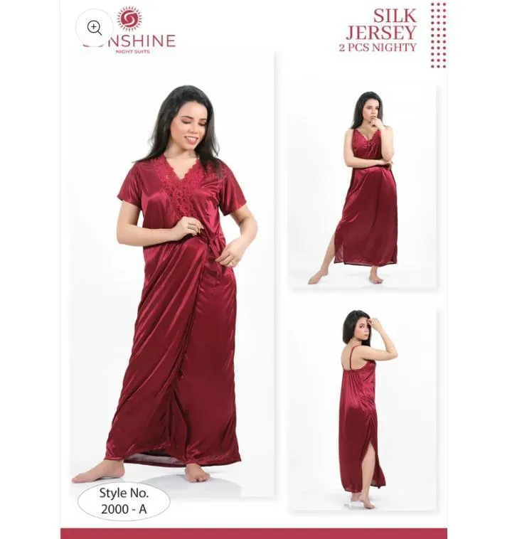 Maroon Silk Jersey Nightgown with V-Neck 2 Pcs
