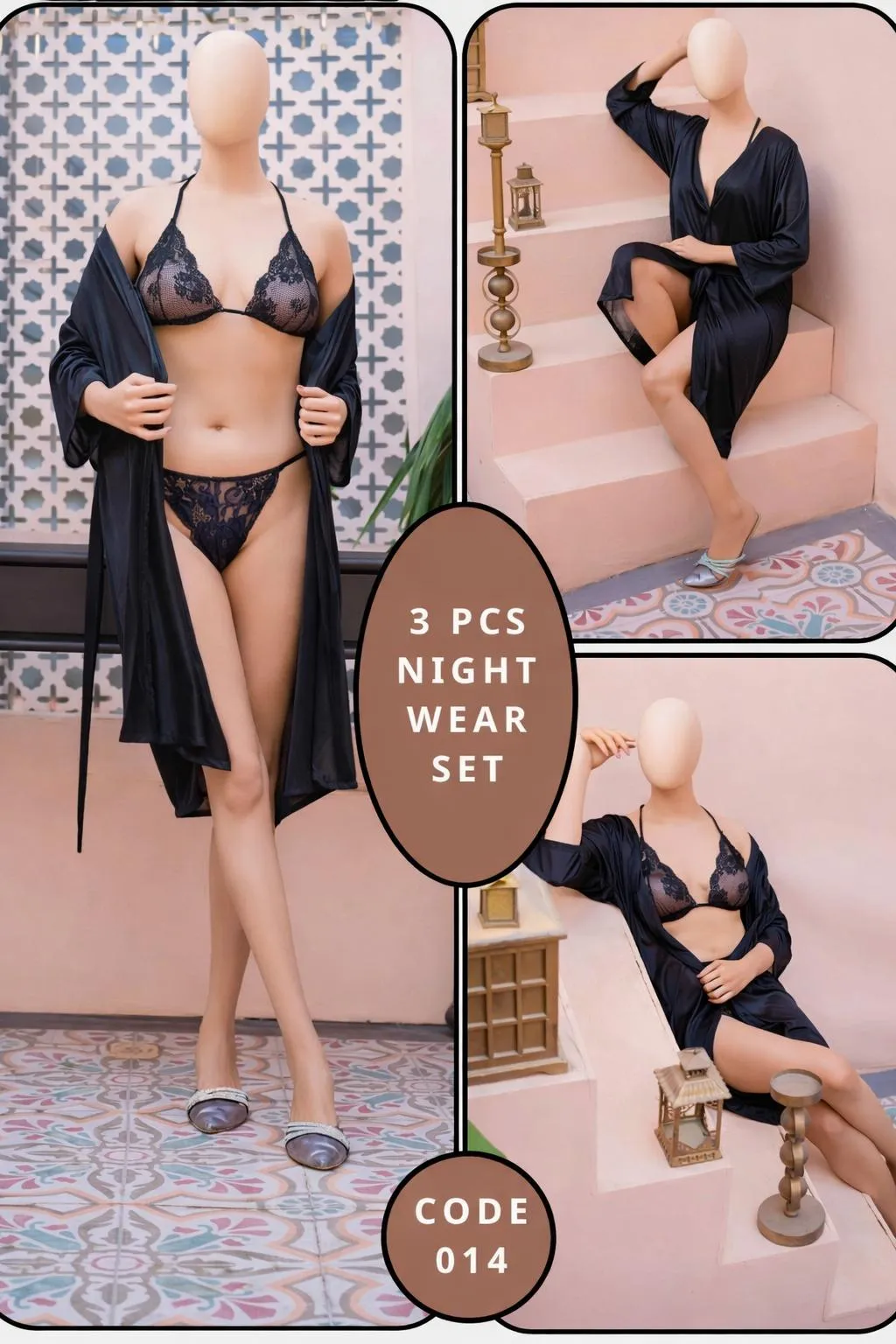3 Pcs Silk Nightwear Set Black V-Neck