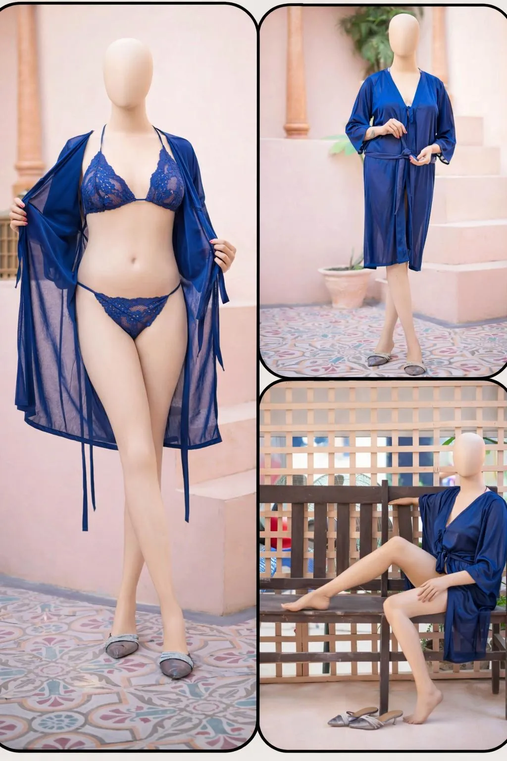 Blue Silk Nightgown Set for Women Free Size