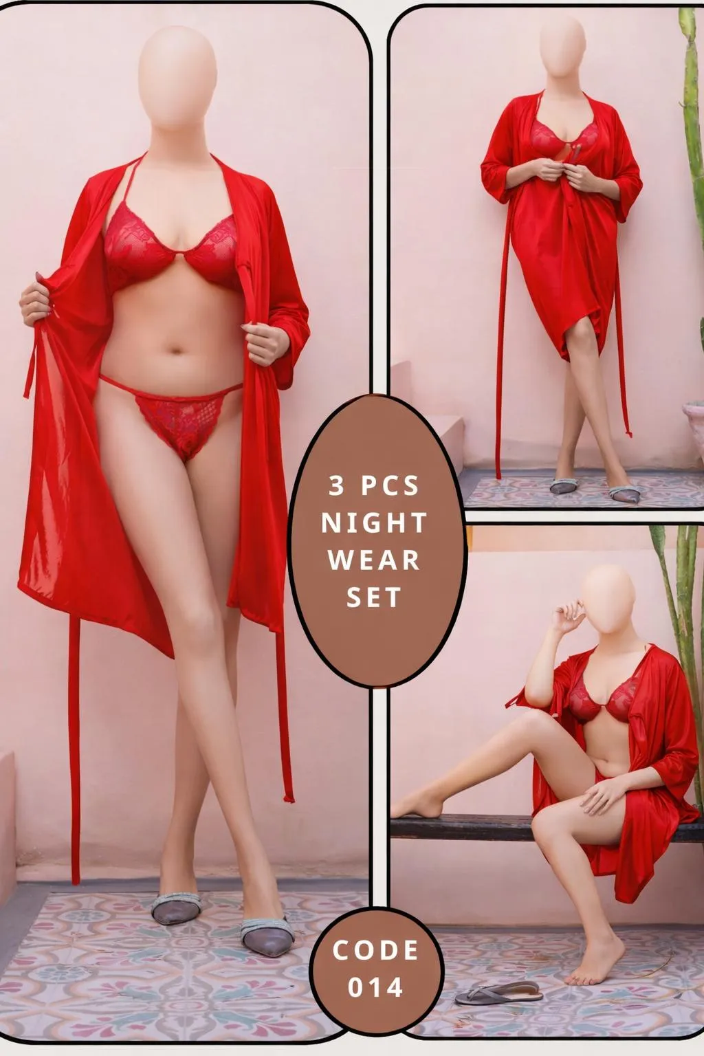 Red Silk 3-Piece Nightwear Set V-Neck