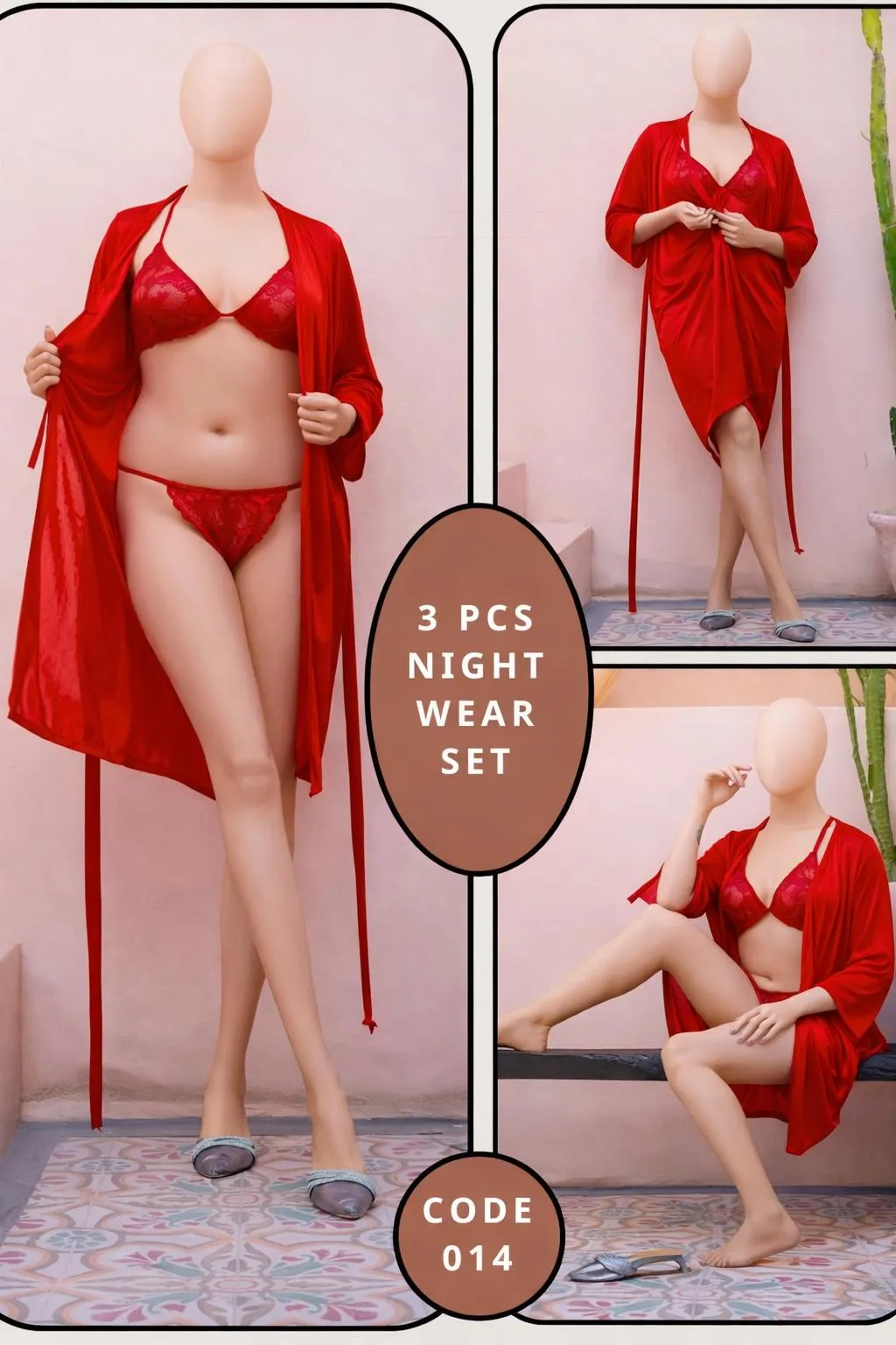 3 Pcs Silk Nightwear Set Maroon V-Neck