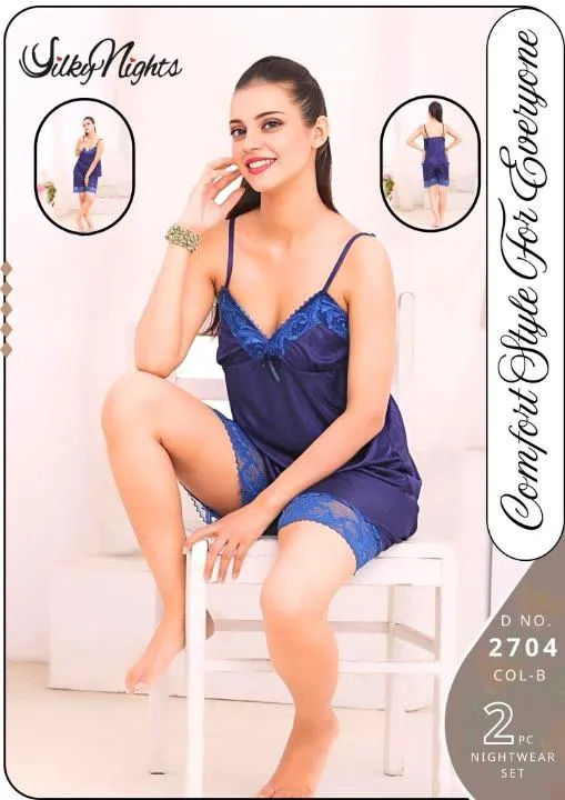 Blue Silk Lace V-Neck Sleep Shirt & Shorts Set