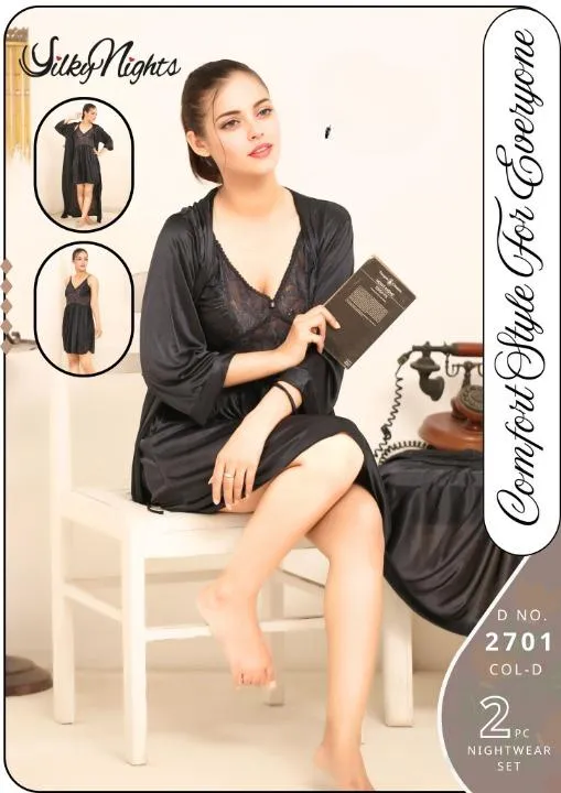 Silk Lace Nightgown & Sleep Shirt Black 2 Pcs