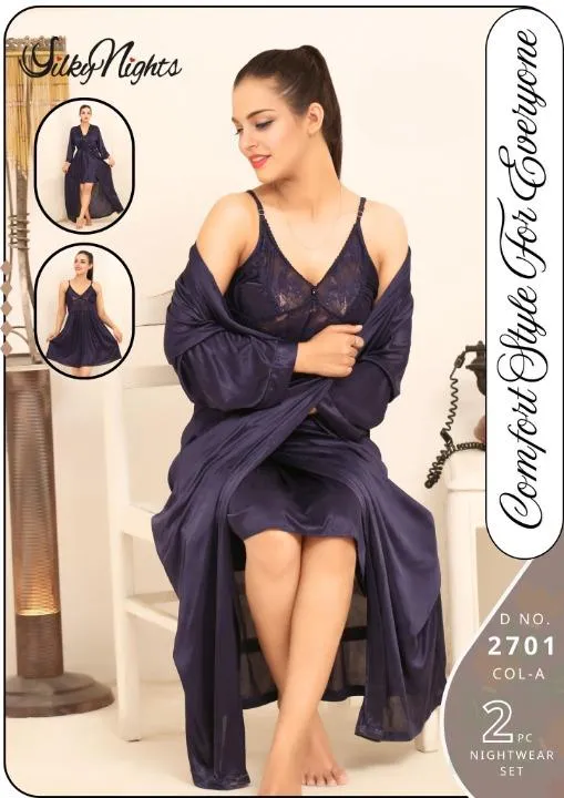 Blue Silk Lace Nightgown Set 2 Pcs V-Neck