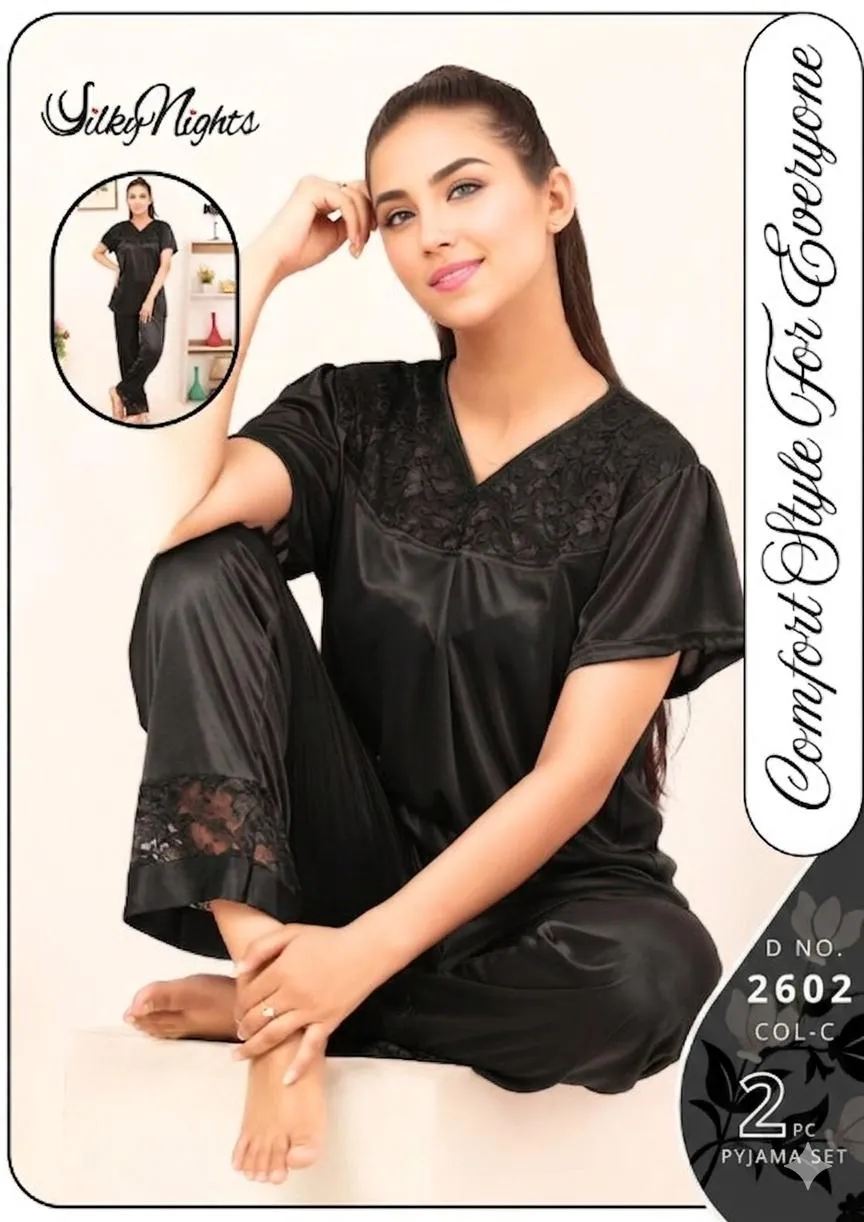 Black Silk Lace V-Neck 2Pcs Sleep Set