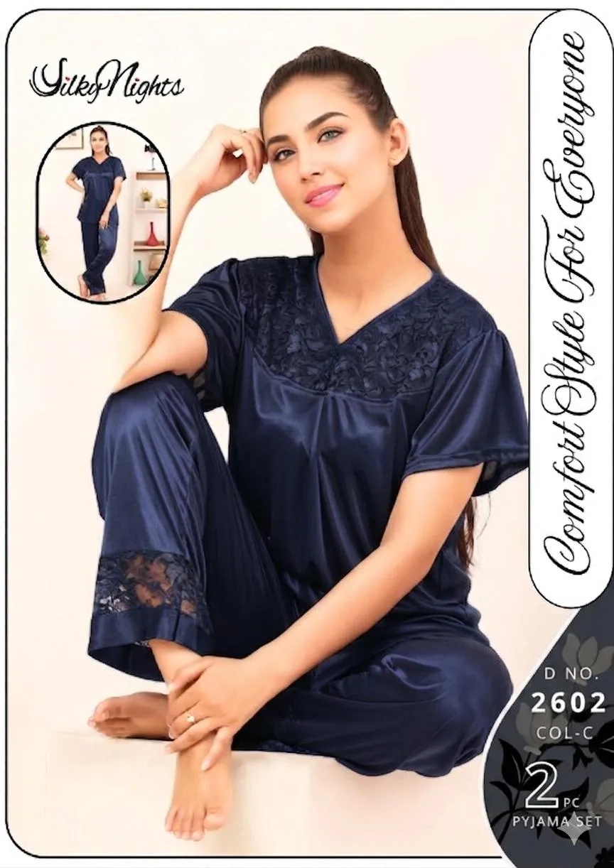 Silk Lace V-Neck Sleep Set Blue 2 Pcs