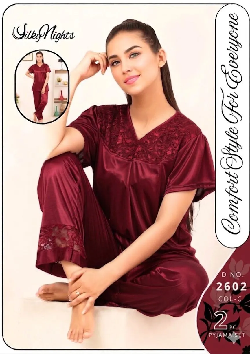 Maroon Silk V-Neck 2Pcs Sleep Set for Women