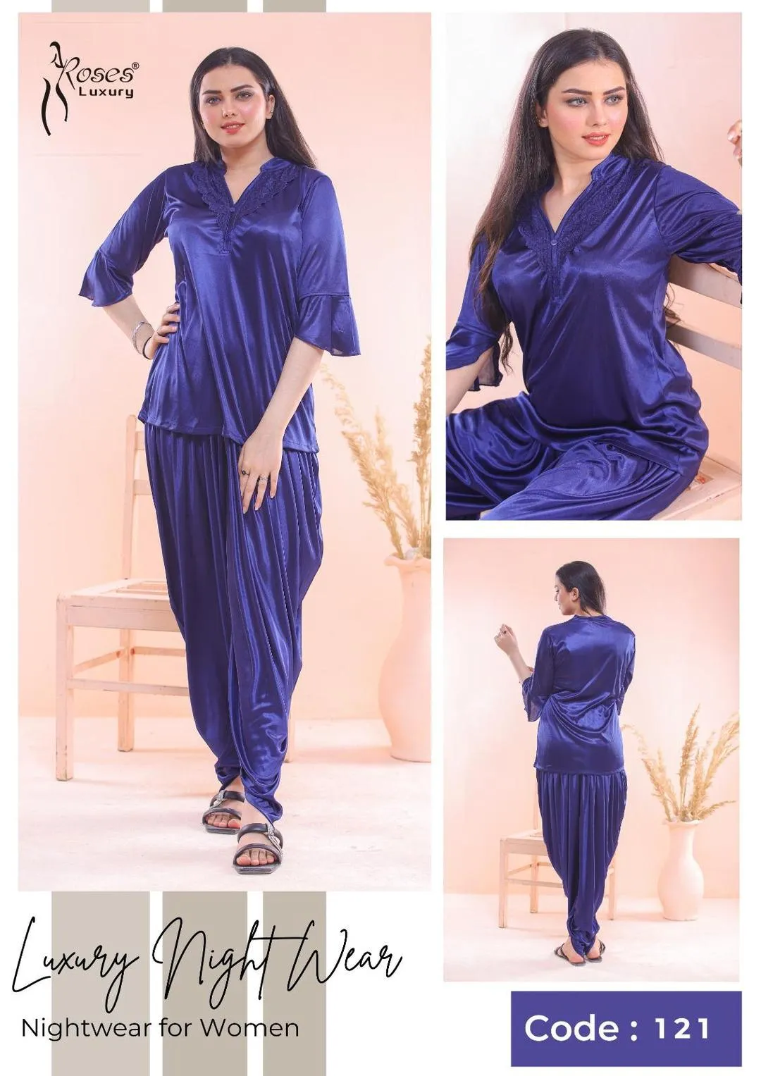 Blue Silk Nightwear Set V-Neck 2 Pcs
