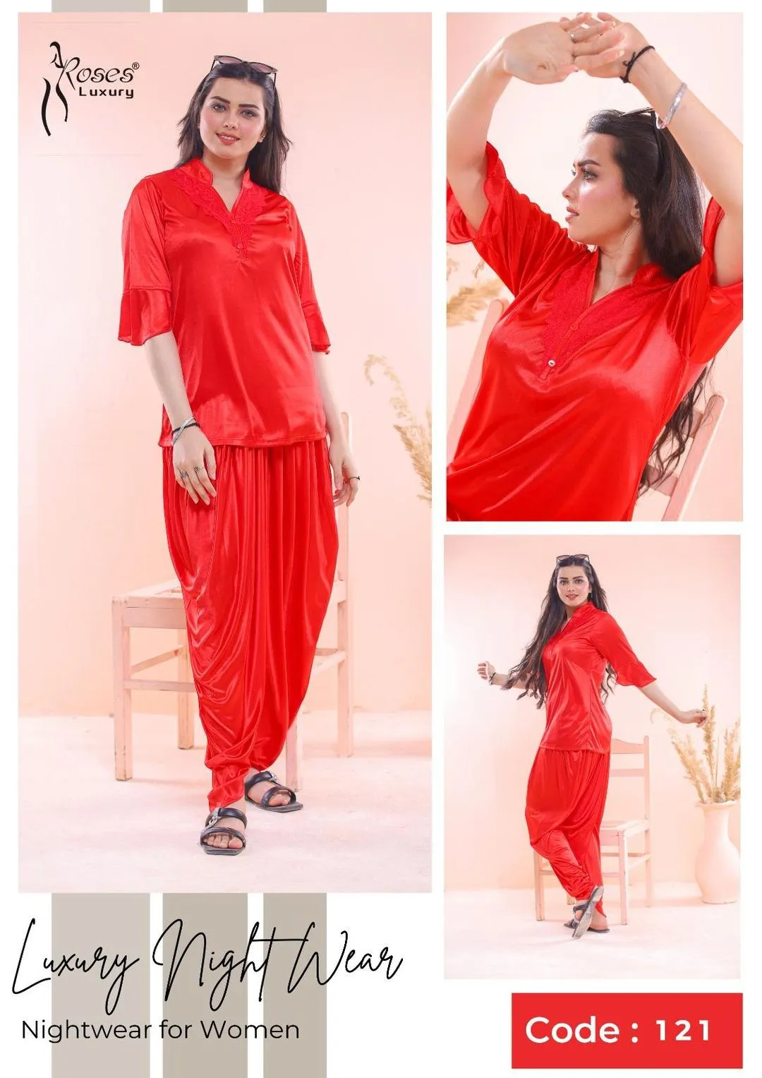 Red Silk Nightwear Set for Women V-Neck Trouser