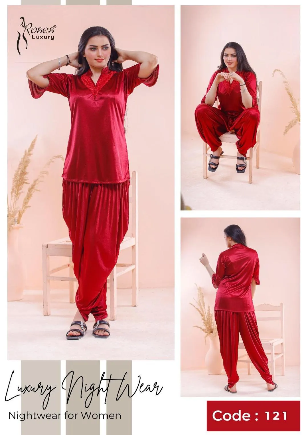 Maroon Silk Nightwear Set 2 Pcs V-Neck
