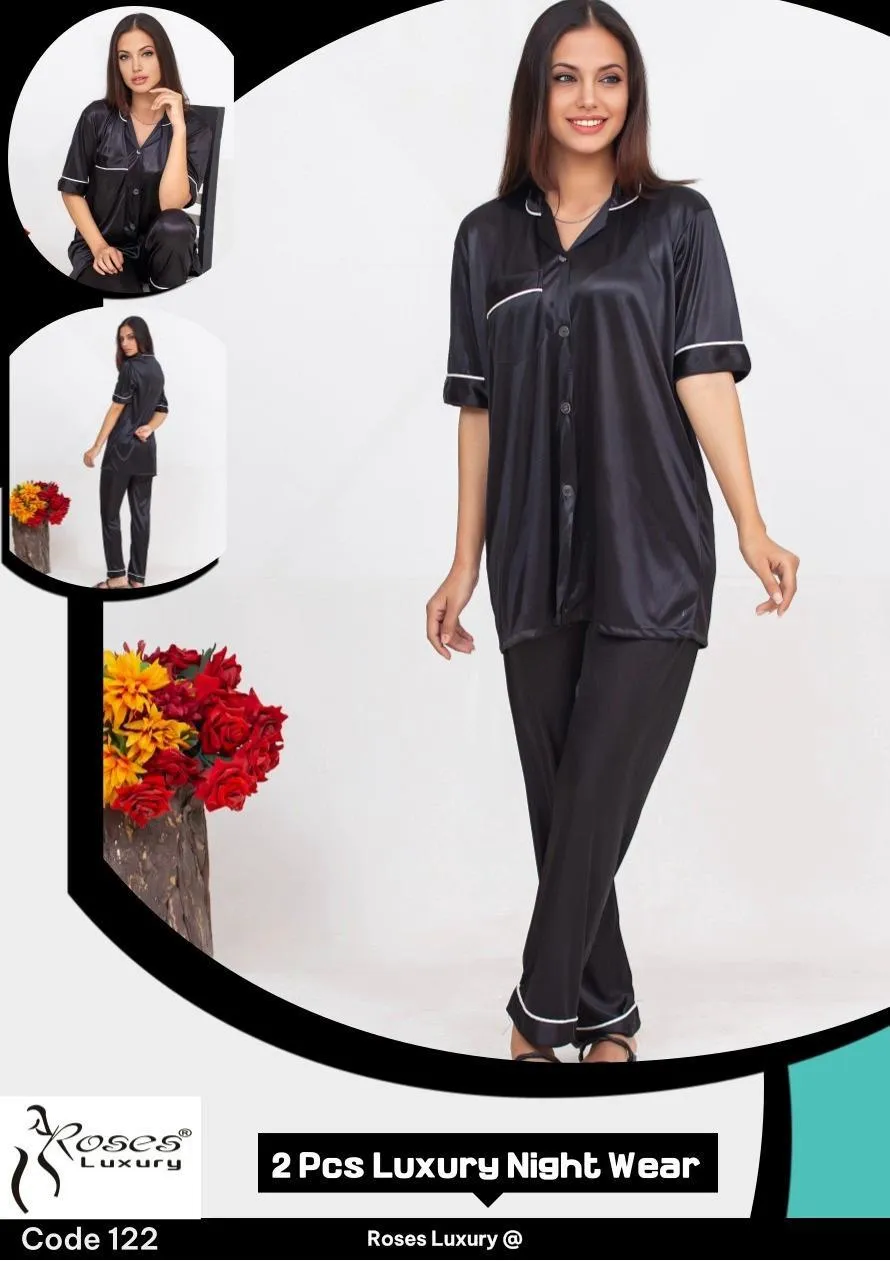 Black Silk 2-Piece Nightwear Set with V-Neck