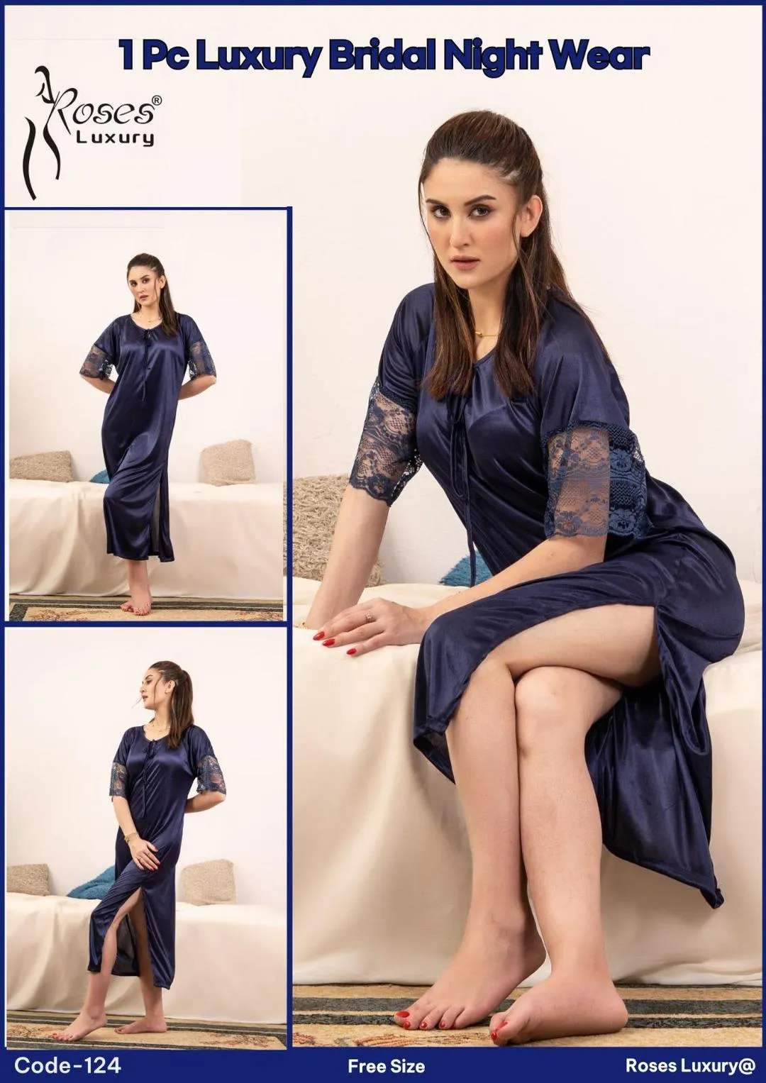Blue Silk Lace Nightwear Set for Women