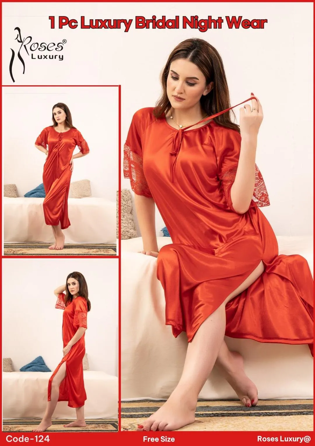 Red Silk Lace V-Neck Bridal Night Wear Set